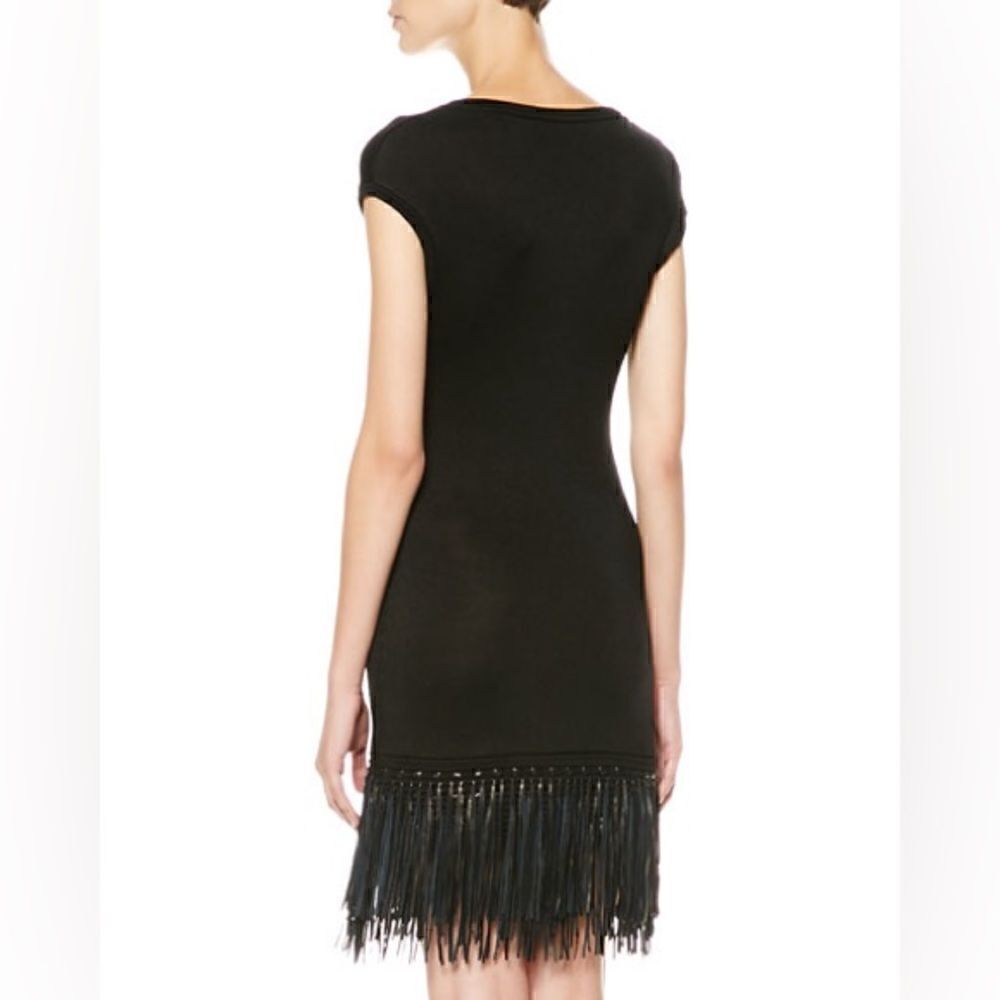 Ralph Lauren Black Lamb Leather-Fringe Silk Knit Sheath Dress - Picture 6 of 16